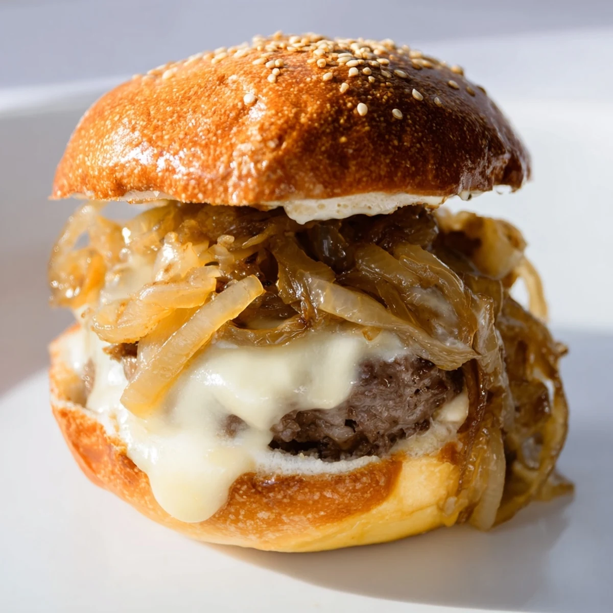 Mini burgers featuring sweet caramelized onions and cheddar cheese stacked on toasted buns served with pickles.