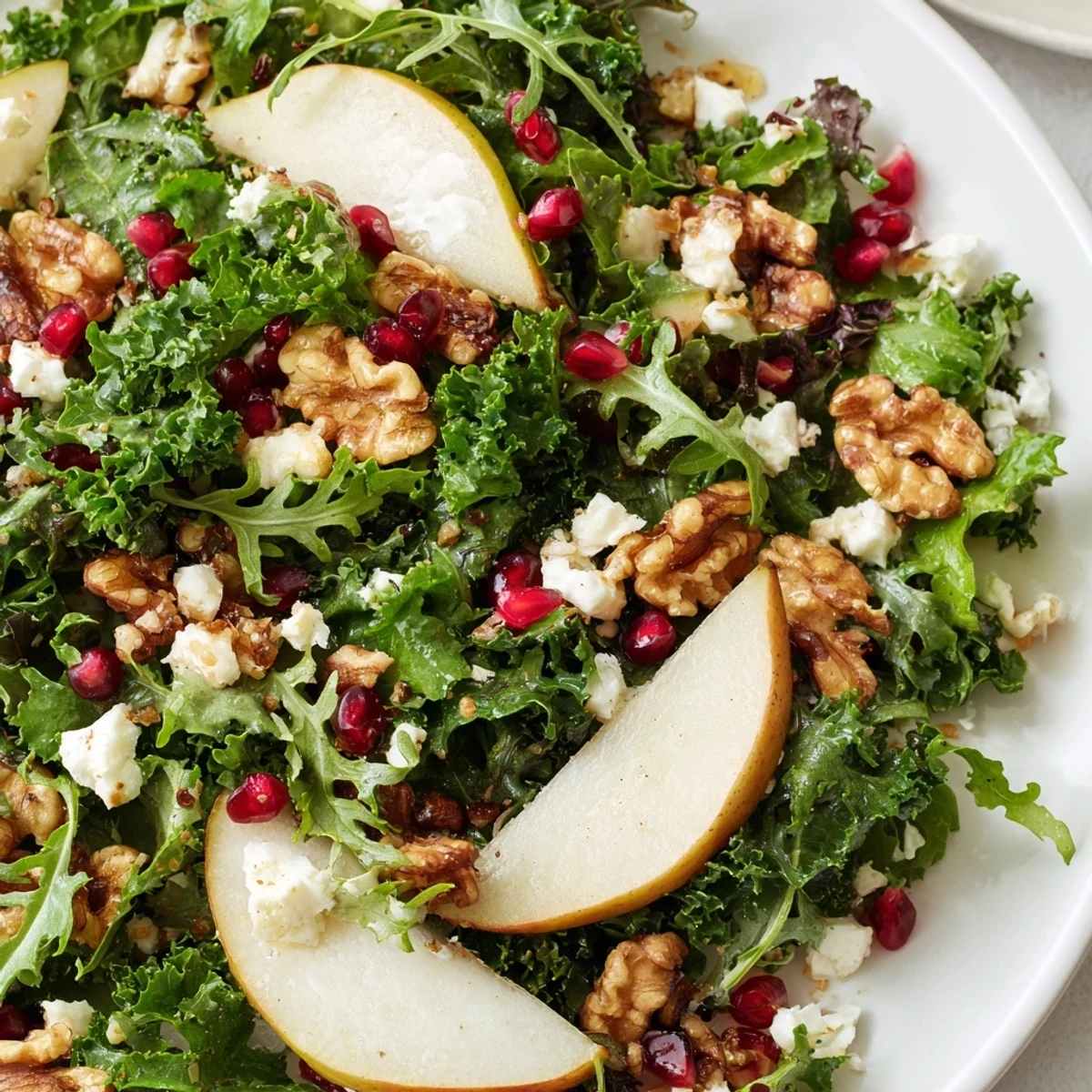 Fresh winter greens topped with sliced pears and crunchy toasted walnuts, drizzled with tangy vinaigrette for a crisp seasonal salad.