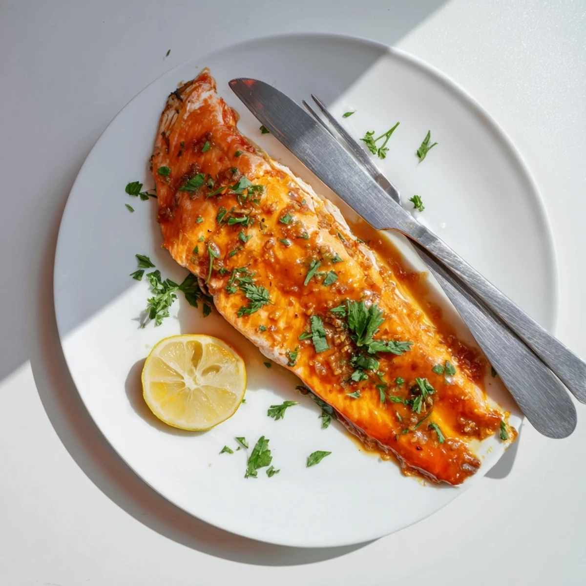 Golden-brown baked salmon fillets brushed with a glistening honey garlic glaze, garnished with fresh parsley and lemon wedges.