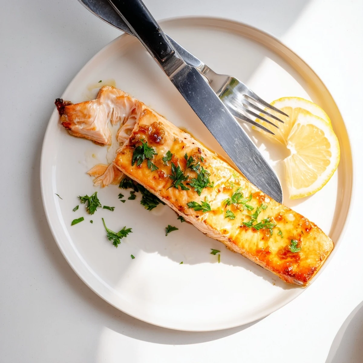 Flaky, tender salmon fillet fresh from the oven, coated in a sticky honey garlic glaze, ready to serve.