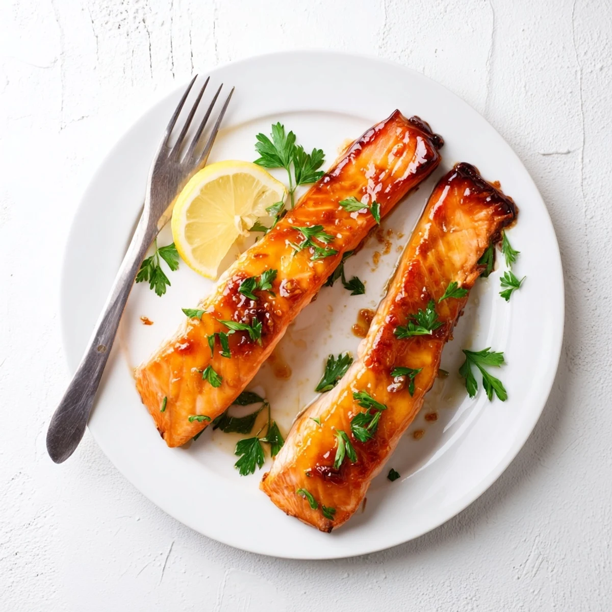 Close-up of a honey garlic glazed salmon fillet with fresh herbs, perfect for a quick weeknight dinner.