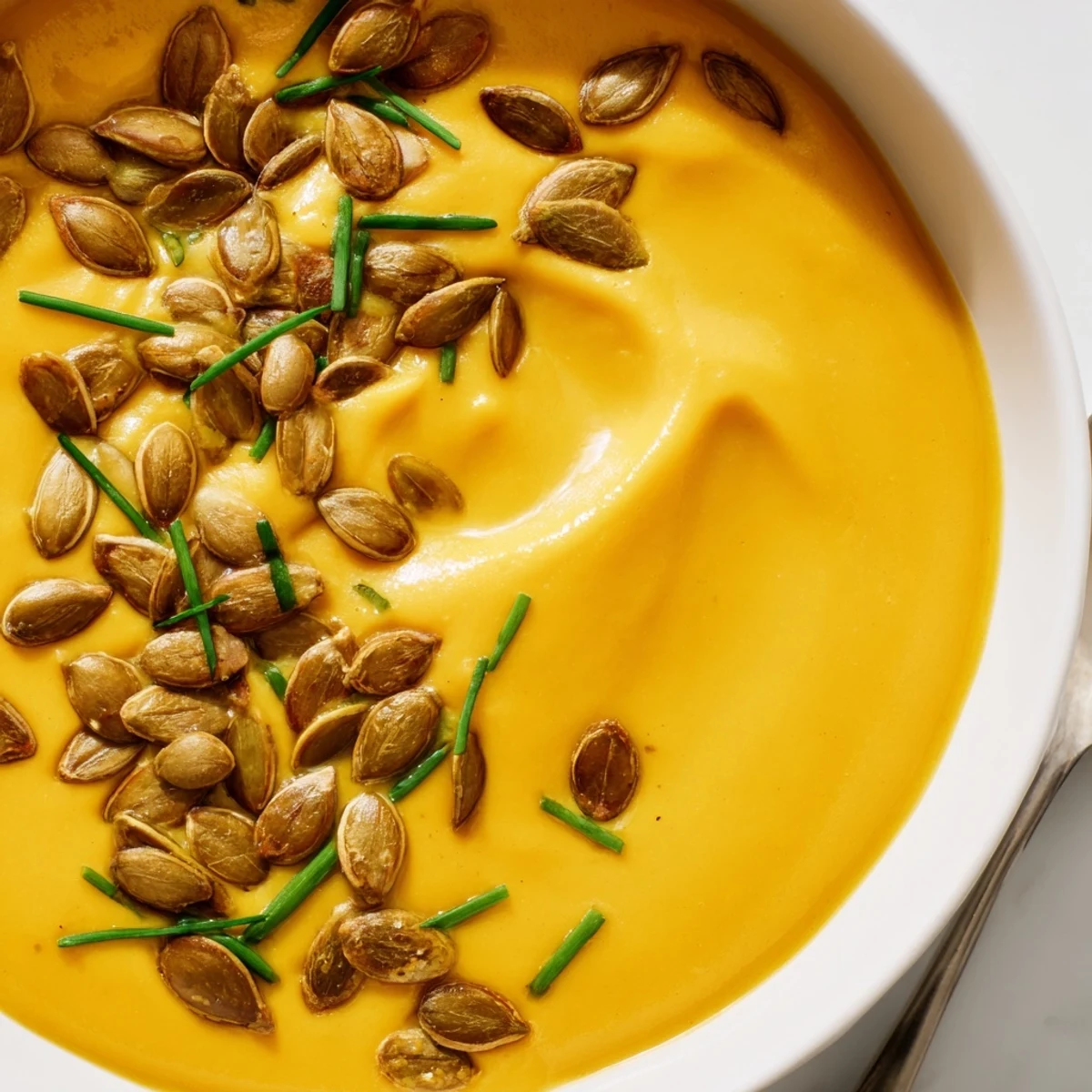 A bowl of creamy pumpkin soup topped with golden toasted seeds and fresh chives.