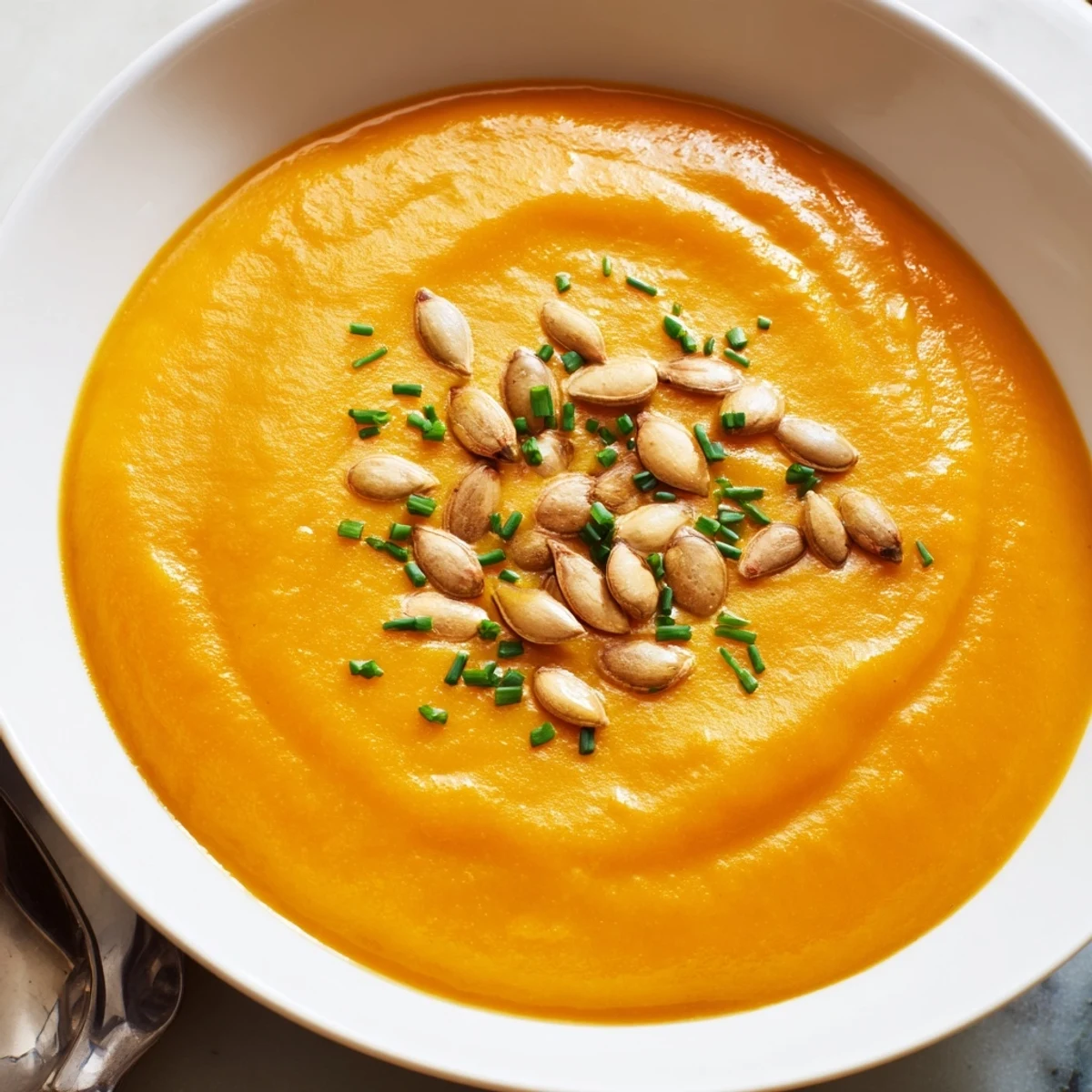 Autumn pumpkin soup with toasted seeds garnish, served steaming in a rustic bowl.