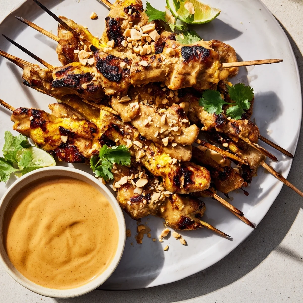 Grilled Chicken Satay Skewers with Peanut Sauce served on a platter with fresh lime wedges and chopped peanuts for dipping.