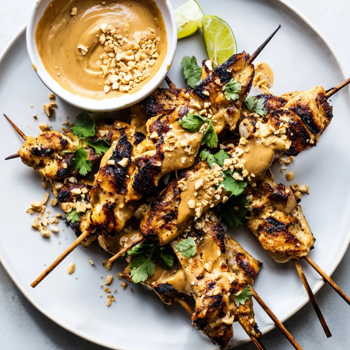 Skewers of Chicken Satay with Peanut Sauce, charred and glistening, plated next to a creamy dipping bowl and fresh cilantro.