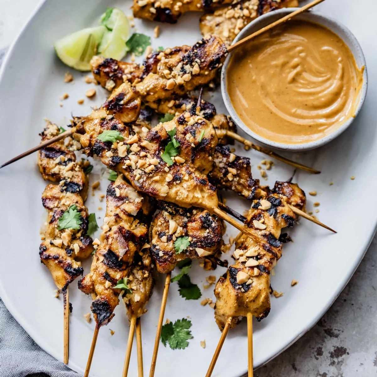 Golden brown Chicken Satay Skewers with Peanut Sauce, ready to eat, garnished with herbs and served over fluffy jasmine rice.