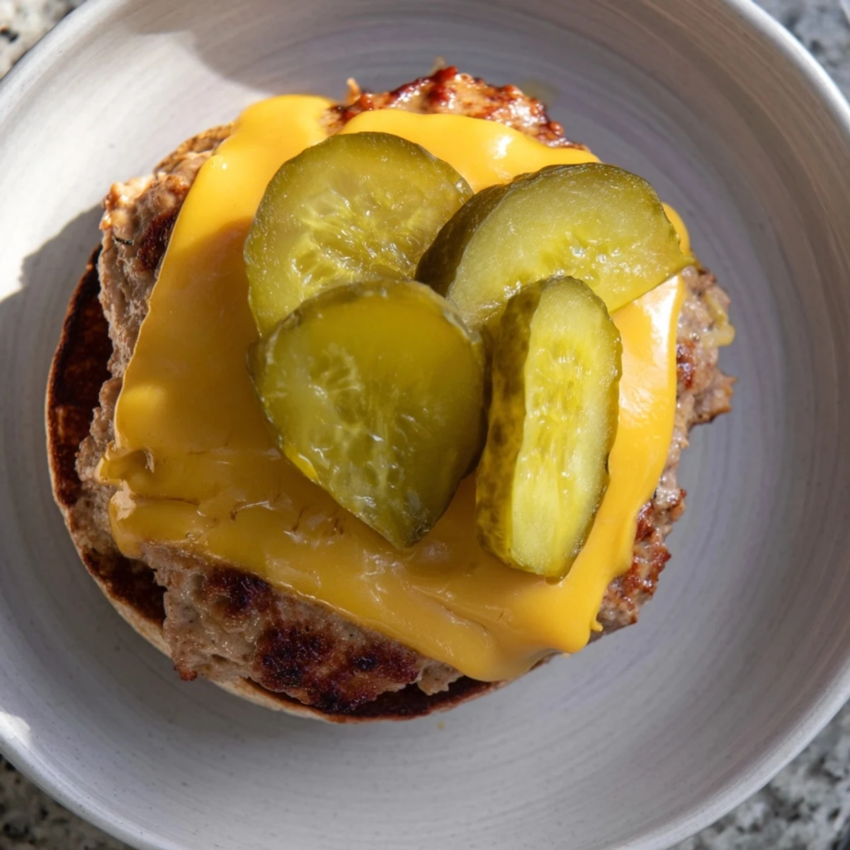 Close-up of a ground turkey burger, melty cheese oozing over crisp pickles, resting on a golden toasted bun.