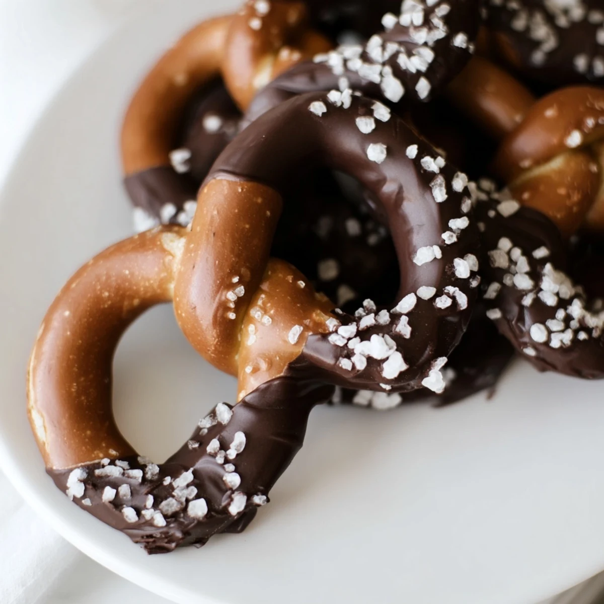 Chocolate Dipped Pretzels with Sea Salt on a parchment-lined tray, glossy dark chocolate coating with crunchy flaky salt crystals.