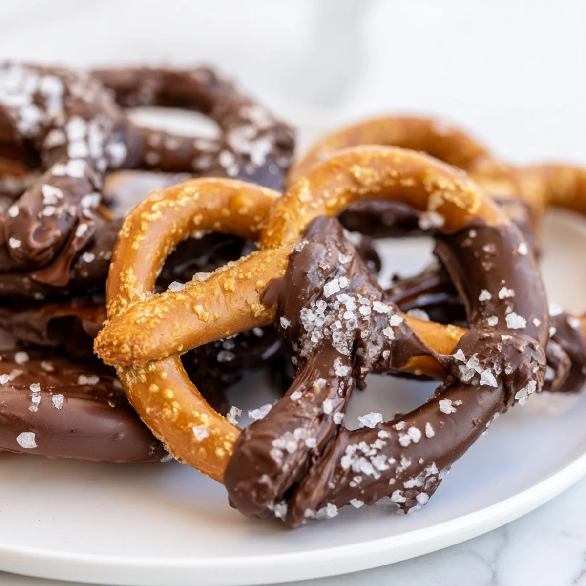 Homemade Chocolate Dipped Pretzels with Sea Salt cooling on wire rack, sweet and salty snack ideal for parties or edible gifts.