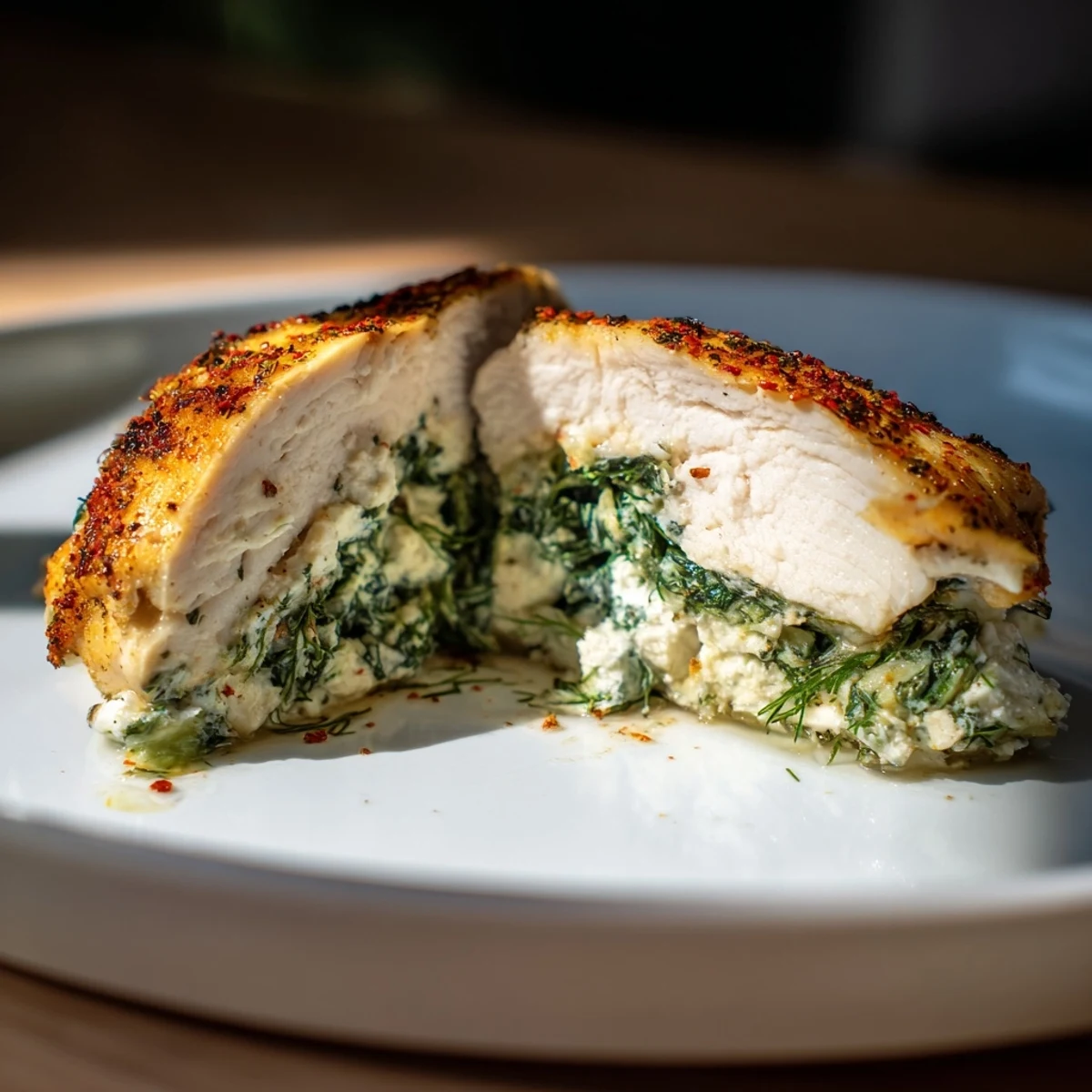 Tender baked Spinach and Feta Stuffed Chicken Breast sliced open, revealing the warm, creamy, herb-filled center.  