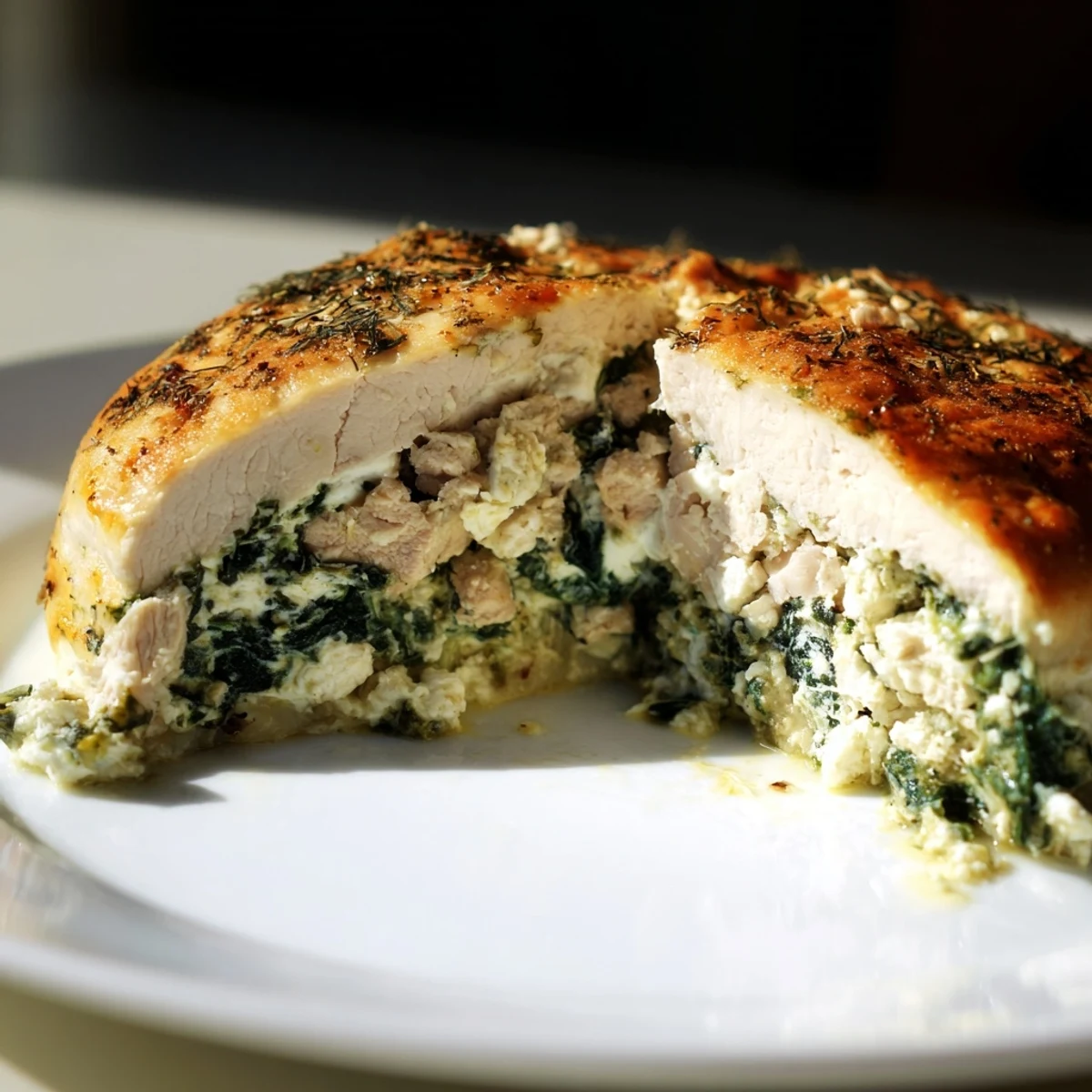 Freshly cooked Spinach and Feta Stuffed Chicken Breast resting on a baking sheet with a rustic, textured appearance.
