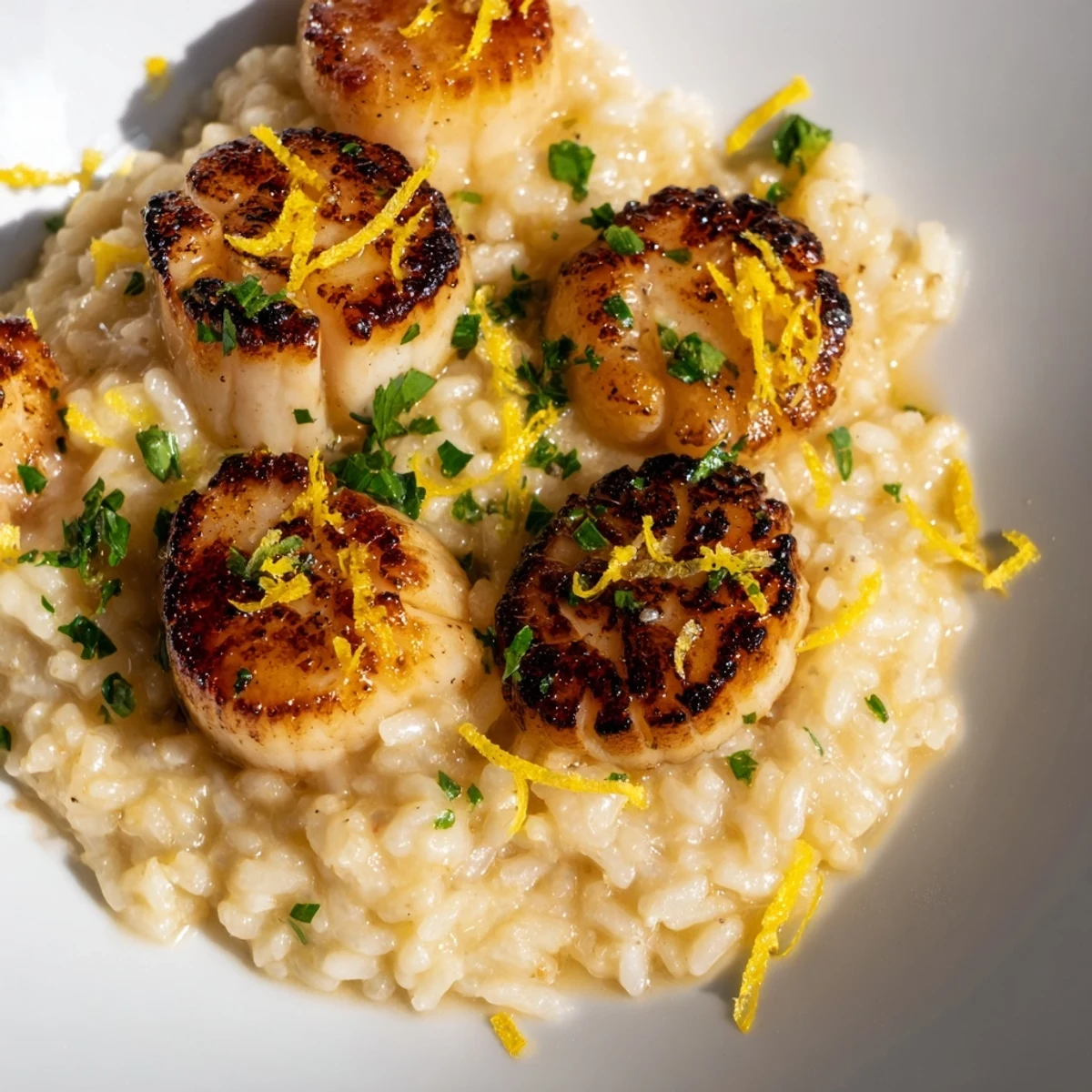 Tender seared Lemon Garlic Scallops with Risotto, garnished with fresh parsley and lemon zest in a warm skillet. 