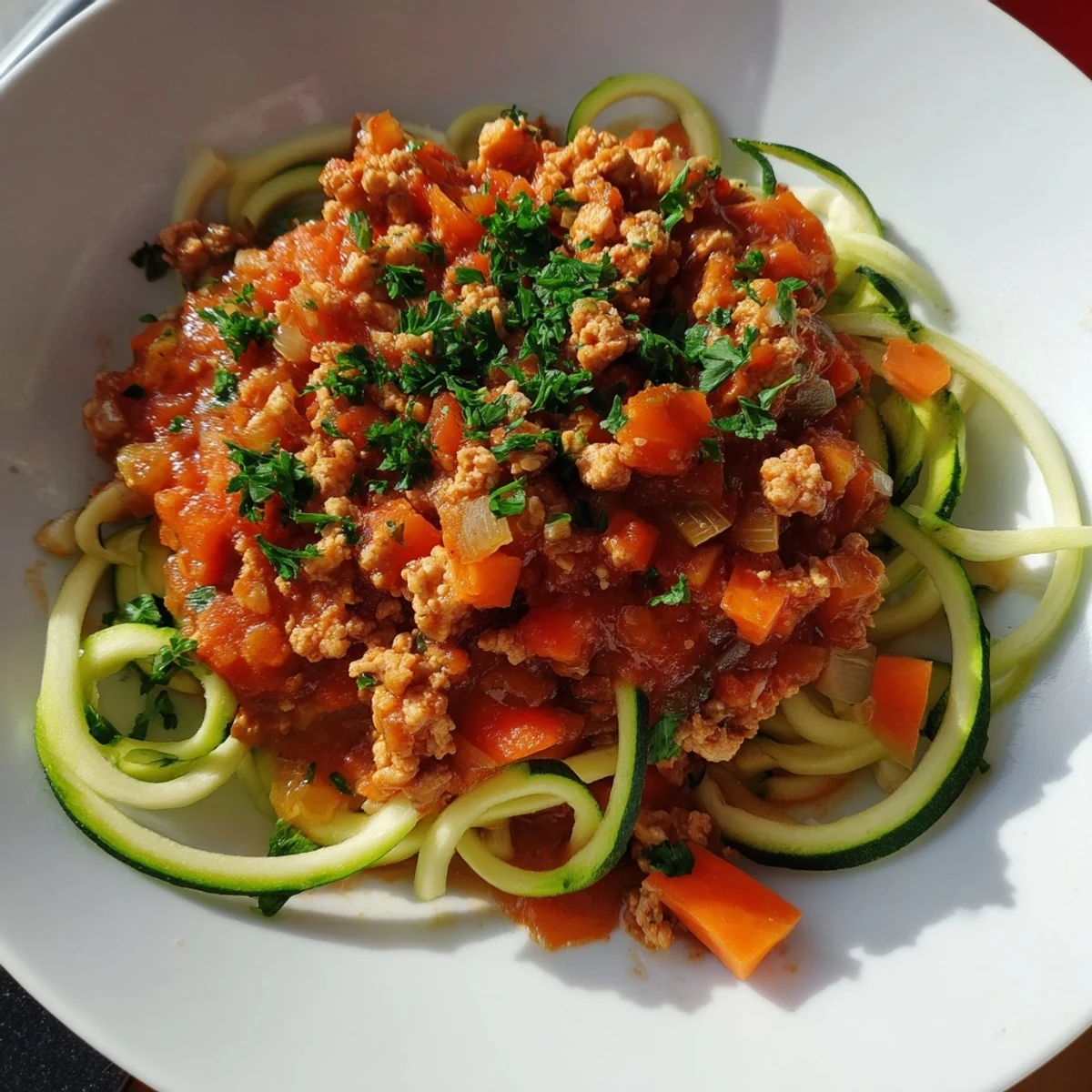 A close-up of rich turkey Bolognese sauce ladled over tender, bright green zucchini noodles, garnished with fresh parsley.