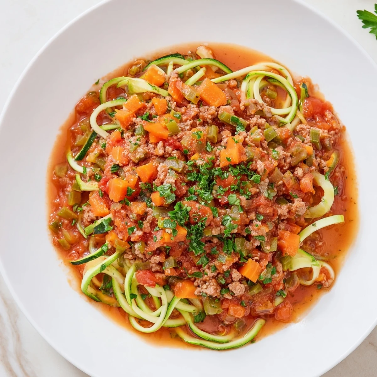 A serving bowl of turkey Bolognese with zucchini noodles, showcasing the savory sauce and perfectly cooked spiralized vegetables.