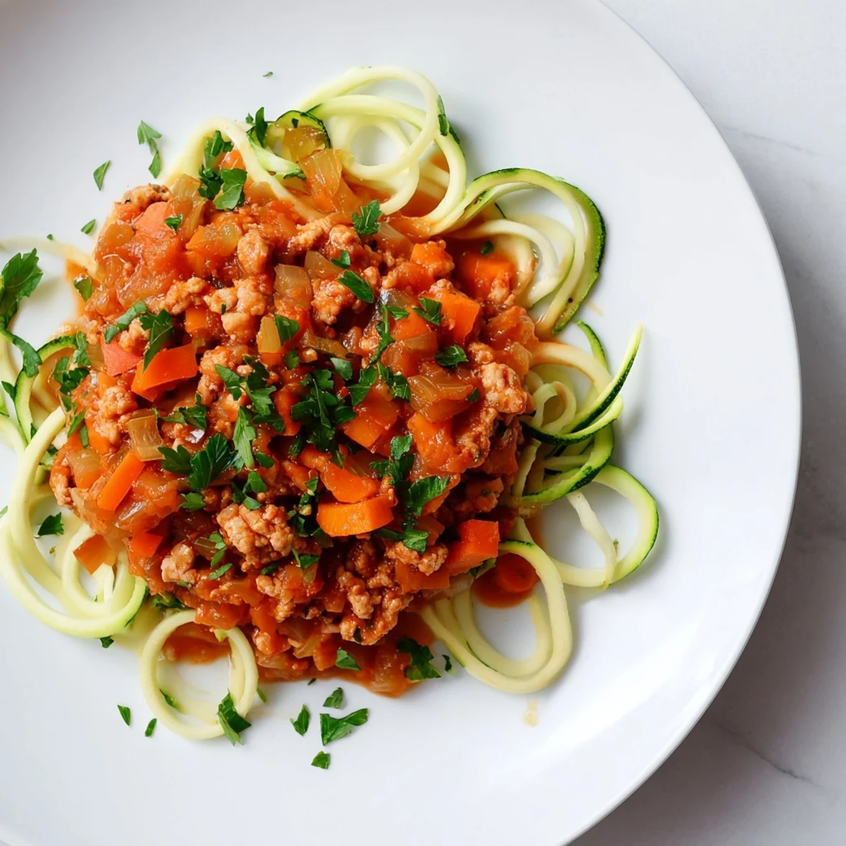 Turkey Bolognese with zucchini noodles plated for a low-carb meal, featuring a hearty tomato sauce and fresh vegetable ribbons.