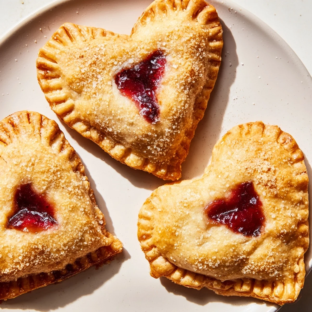 Freshly baked Heart Shaped Raspberry Jam Hand Pies cool on a wire rack, revealing golden, flaky crusts and a vibrant red jam filling.