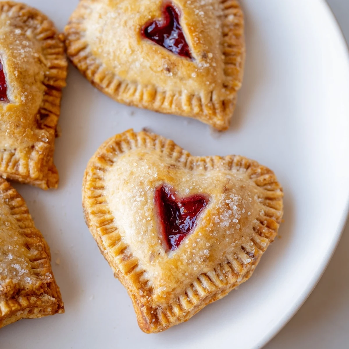 A close-up view of Heart Shaped Raspberry Jam Hand Pies shows sugary, crimped edges and a convenient steam vent on top.