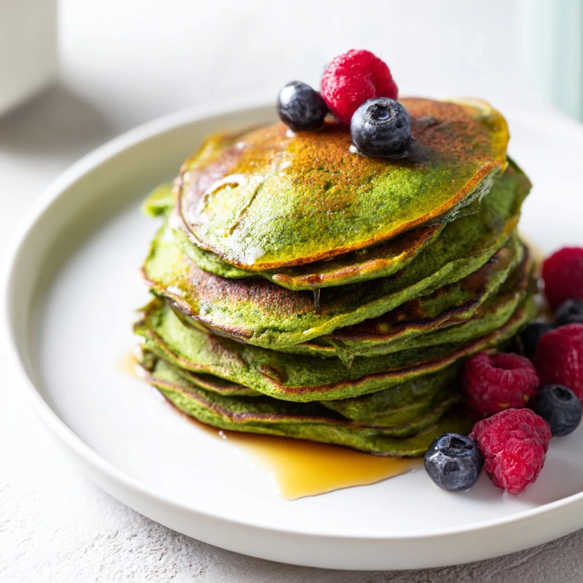 Vibrant green spinach pancakes stacked high, glistening with maple syrup and topped with fresh berries for a festive St. Patrick's Day breakfast.