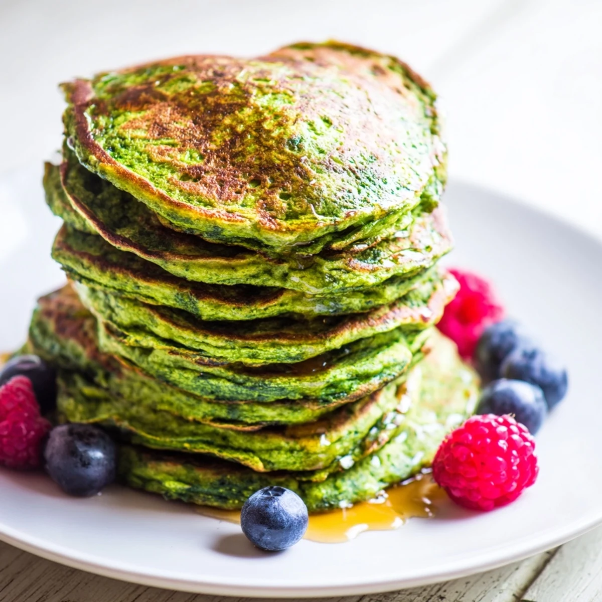 A close-up of fluffy St. Patricks Day Green Spinach Pancakes topped with creamy Greek yogurt and a drizzle of sweet syrup, perfect for brunch.
