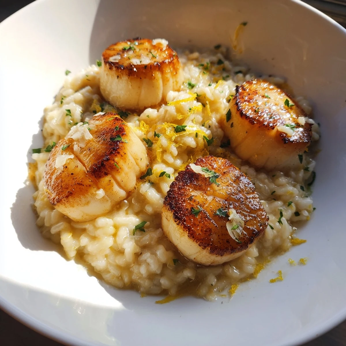A close-up of tender scallops with a caramelized crust beside vibrant lemon zest and rich risotto for a romantic dinner.