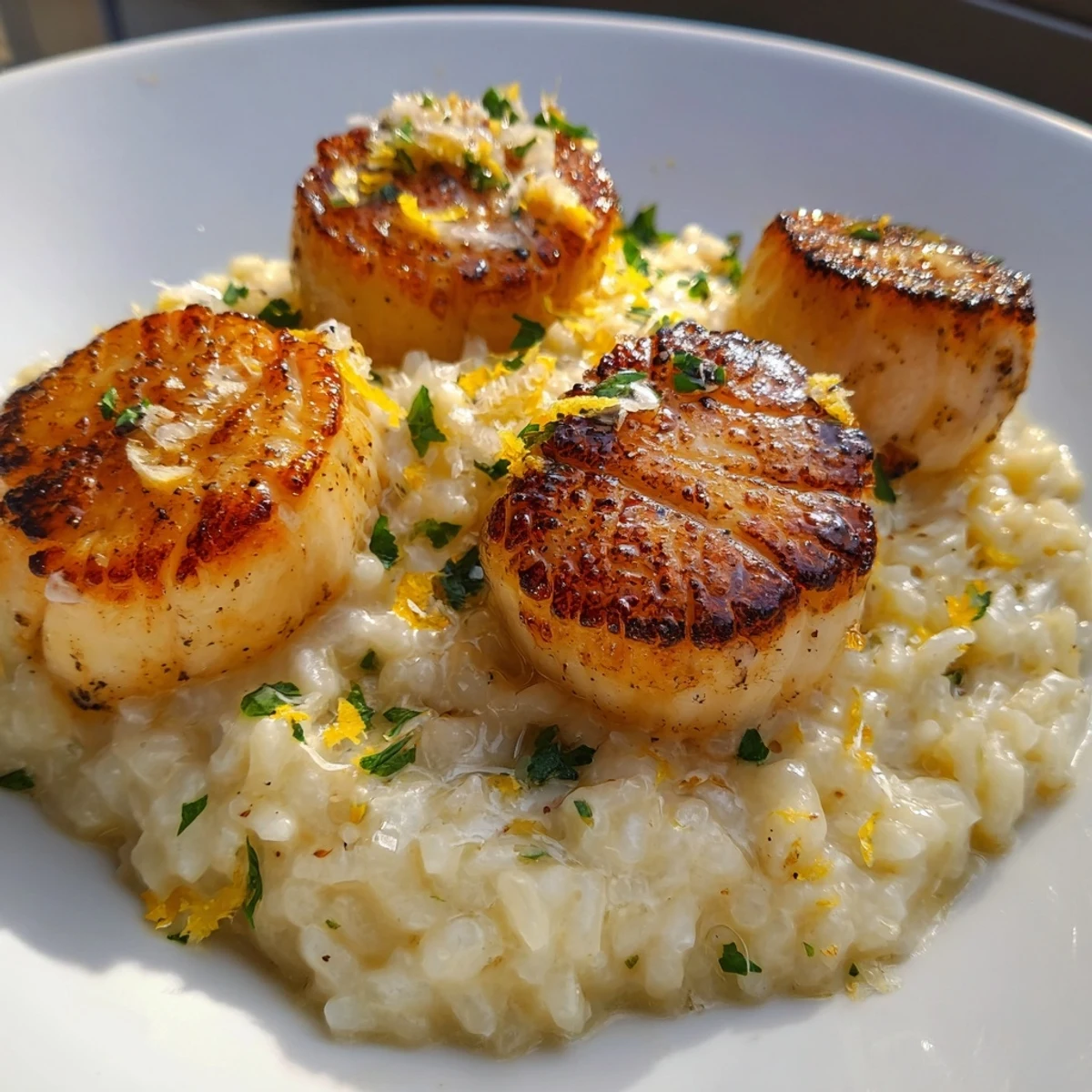 Two perfectly seared scallops atop fluffy, lemon-infused risotto, creating an elegant and gluten-free main dish for date night.