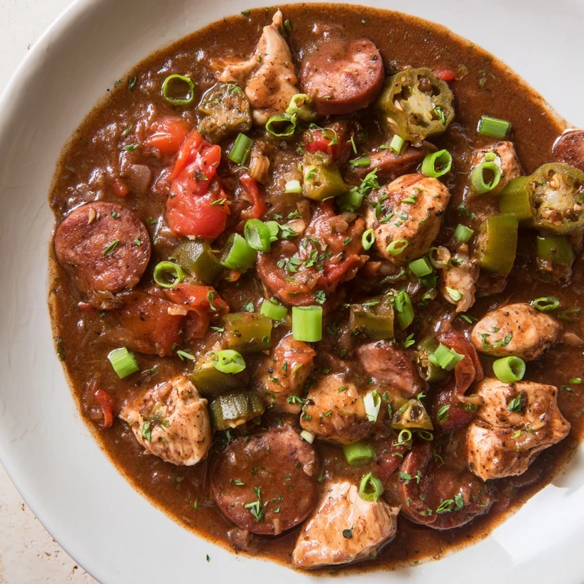 A hearty bowl of New Orleans Style Chicken Gumbo featuring okra, peppers, and rich dark roux served steaming hot.