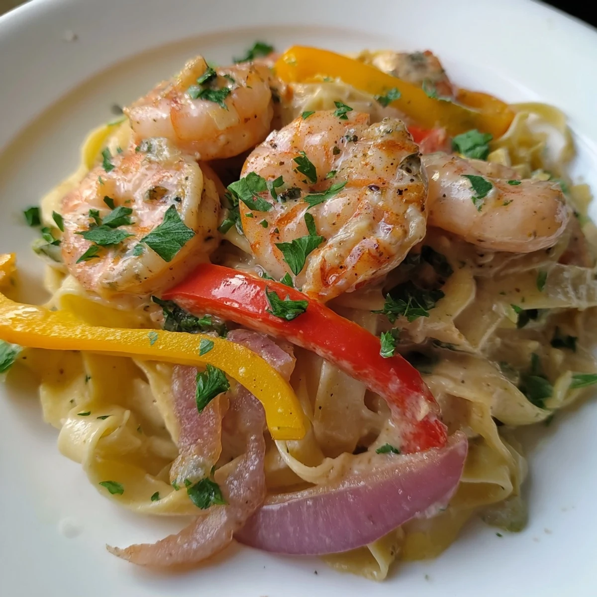 Creamy Mardi Gras Cajun Shrimp Pasta with colorful bell peppers in a rich, spicy sauce, garnished with fresh parsley.