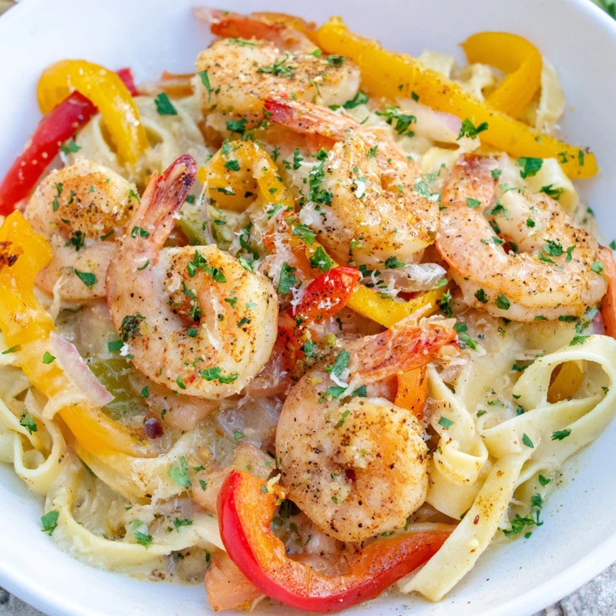 Tender shrimp and fettuccine tossed in a creamy Cajun sauce with sautéed red, yellow, and green bell peppers.