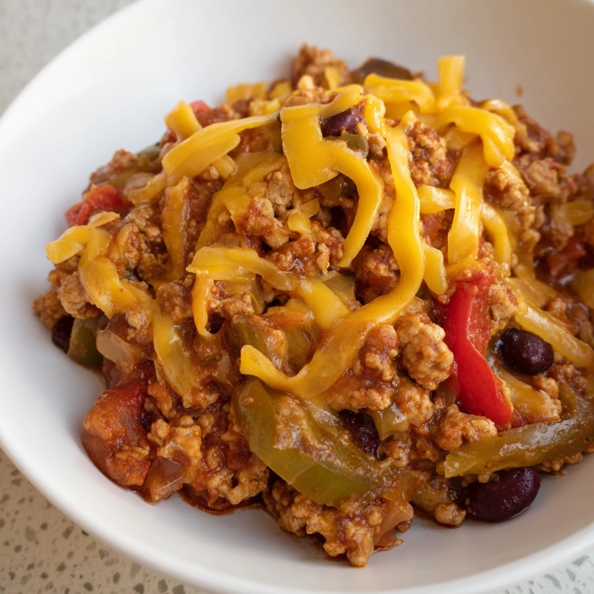 A steaming bowl of Touchdown Turkey Chili with Cheddar Cheese is topped with melted cheese and fresh cilantro, perfect for a cozy dinner.