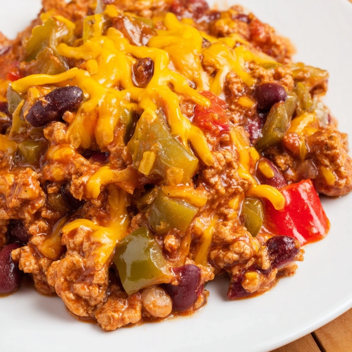 Serving suggestion for Touchdown Turkey Chili with Cheddar Cheese, garnished with sour cream and jalapeños, ideal for a hearty game day meal.