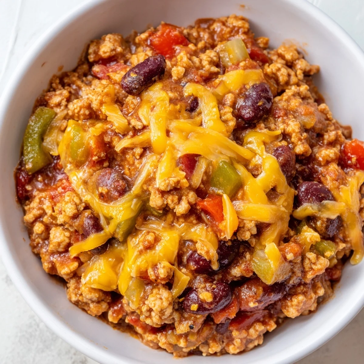 Close-up of Touchdown Turkey Chili with Cheddar Cheese in a rustic bowl, featuring tender ground turkey, beans, and a colorful medley of peppers.