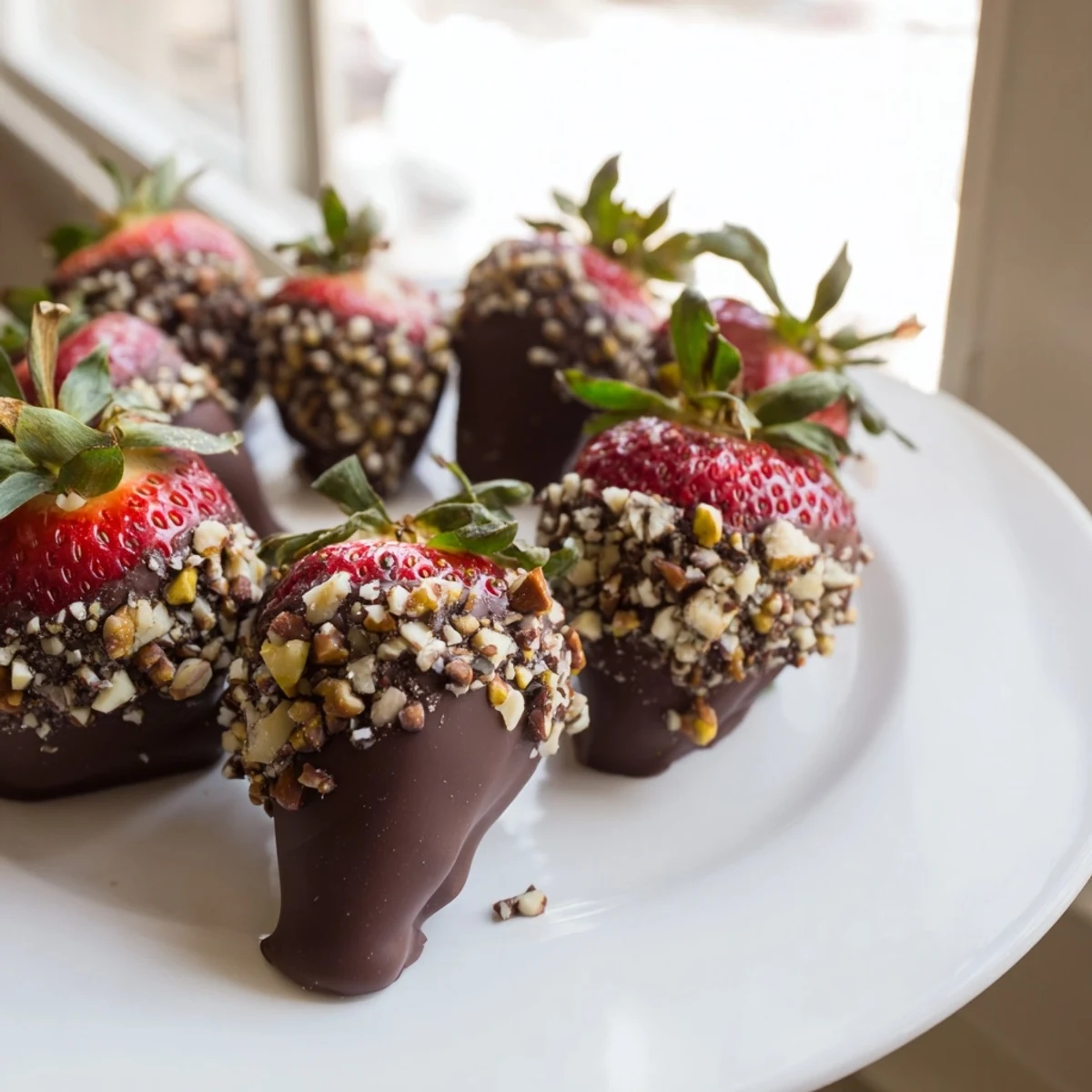 Vivid Valentine chocolate dipped strawberries with nuts on a heart-shaped platter for sweet indulgence.