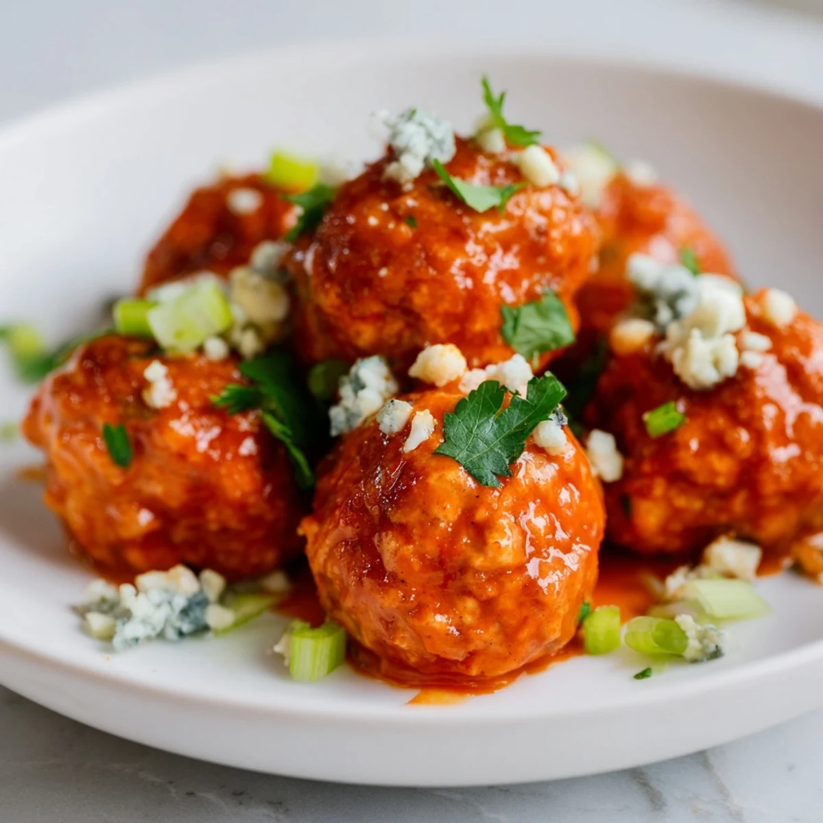 A platter of Game Day Spicy Buffalo Chicken Meatballs tossed in buffalo sauce, perfect for a casual game day gathering.
