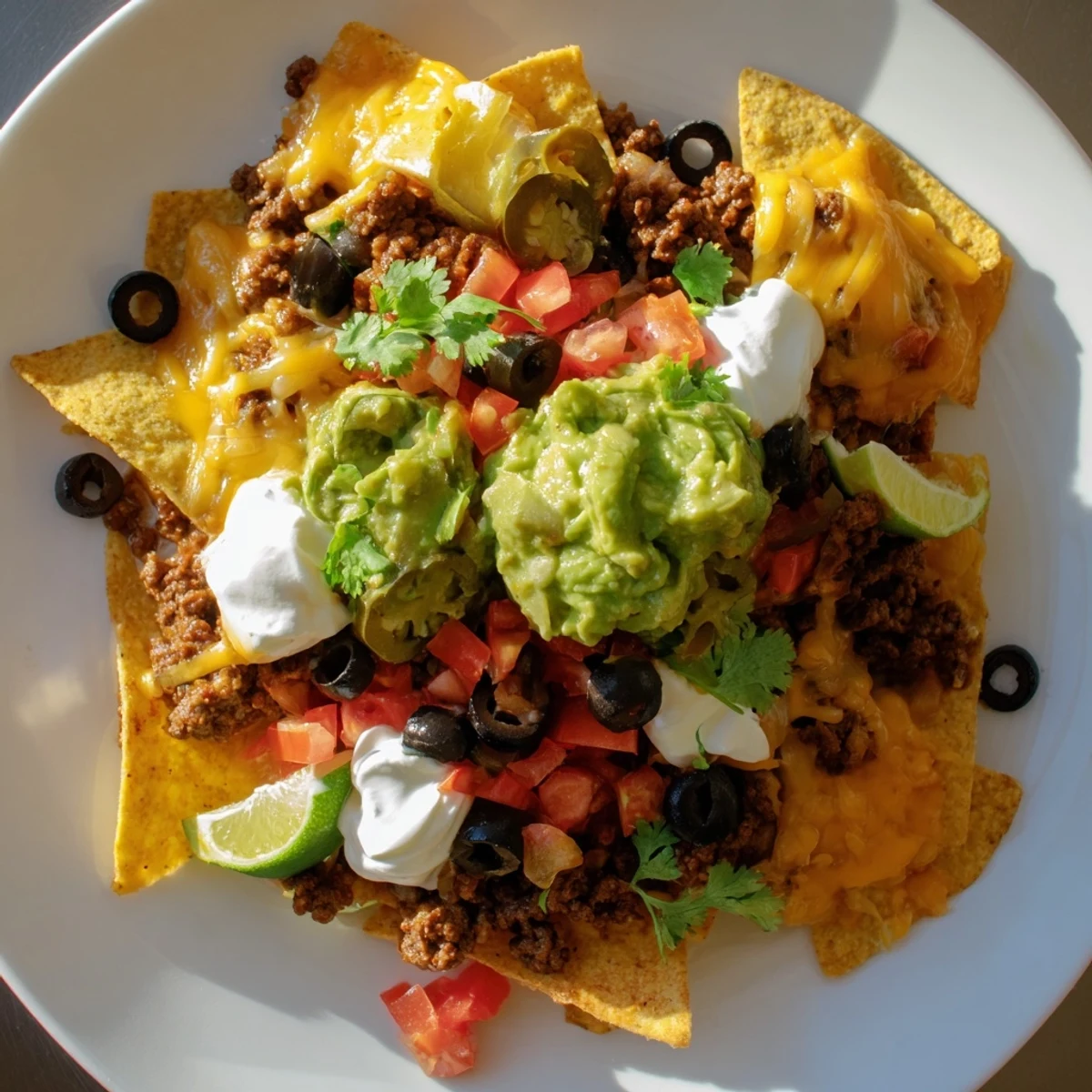 Golden, melted cheddar and Monterey Jack cheese blankets a platter of crispy tortilla chips, piled high with seasoned ground beef, black beans, and jalapeños.  