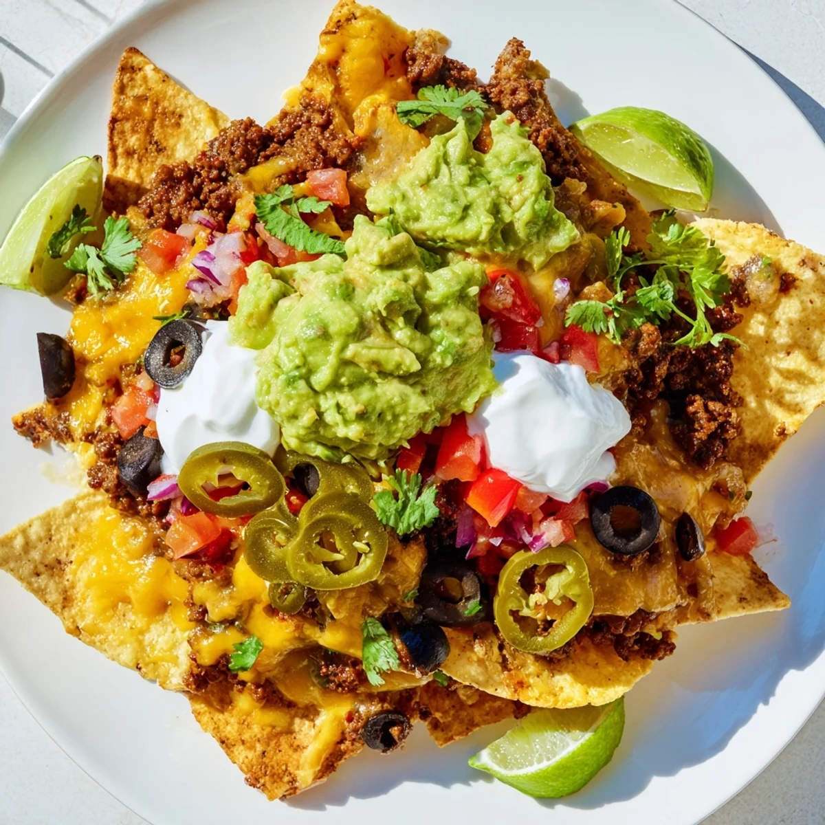 A festive game day spread of homemade Super Bowl Loaded Nacho Bar with Beef, featuring colorful bowls of fresh salsa, guacamole, and sour cream for dipping.  