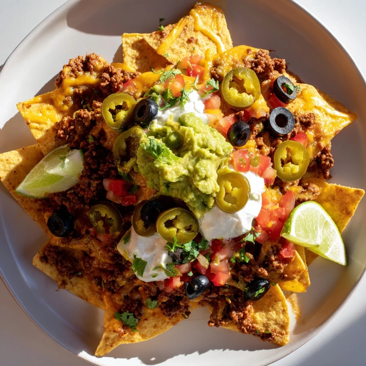 Freshly baked nachos topped with savory beef, diced tomatoes, red onion, and cilantro, arranged ready for a lively Super Bowl party crowd to build their own.
