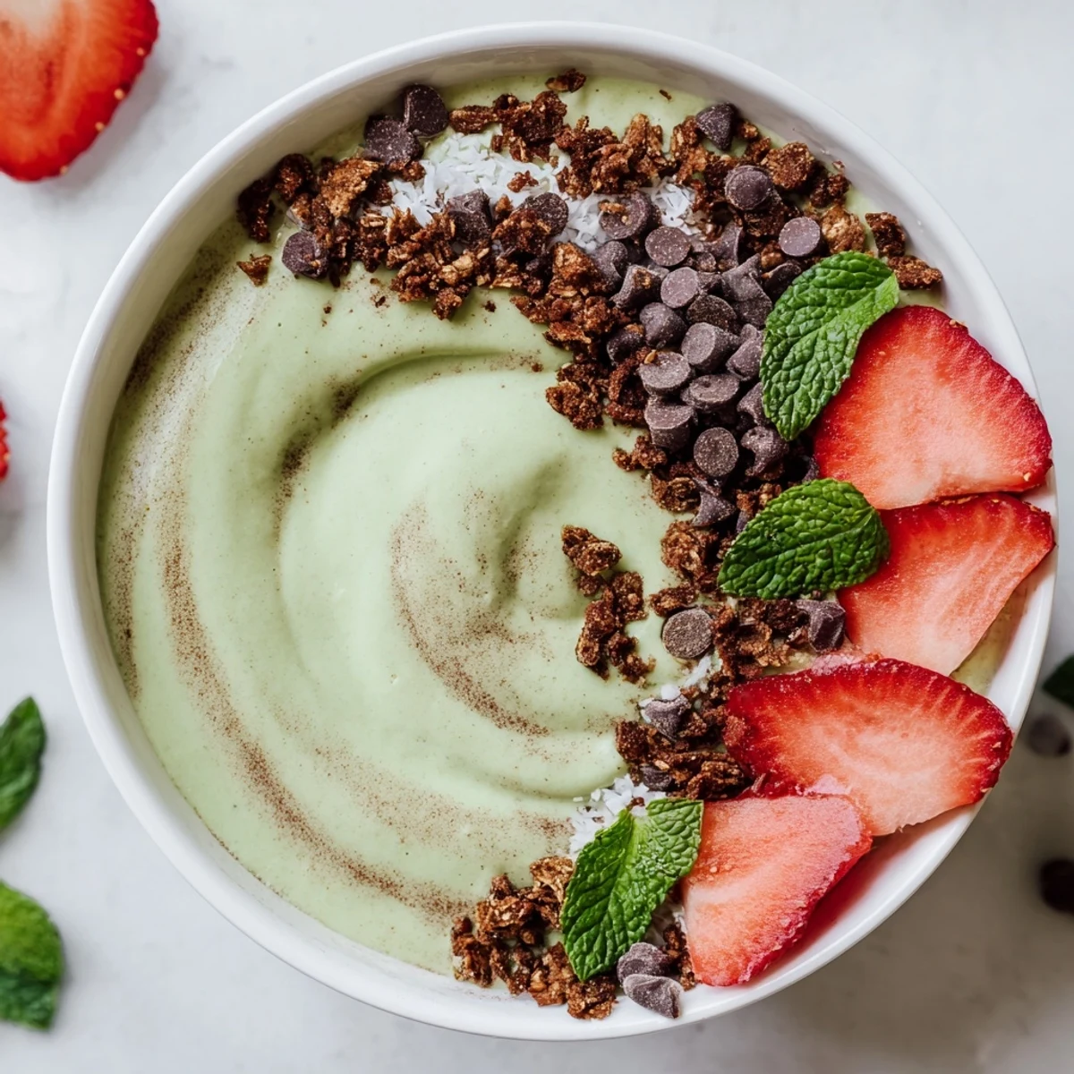 The vibrant Emerald Isle Mint Chocolate Smoothie Bowl features creamy green smoothie topped with fresh strawberries, granola, and mini dark chocolate chips.