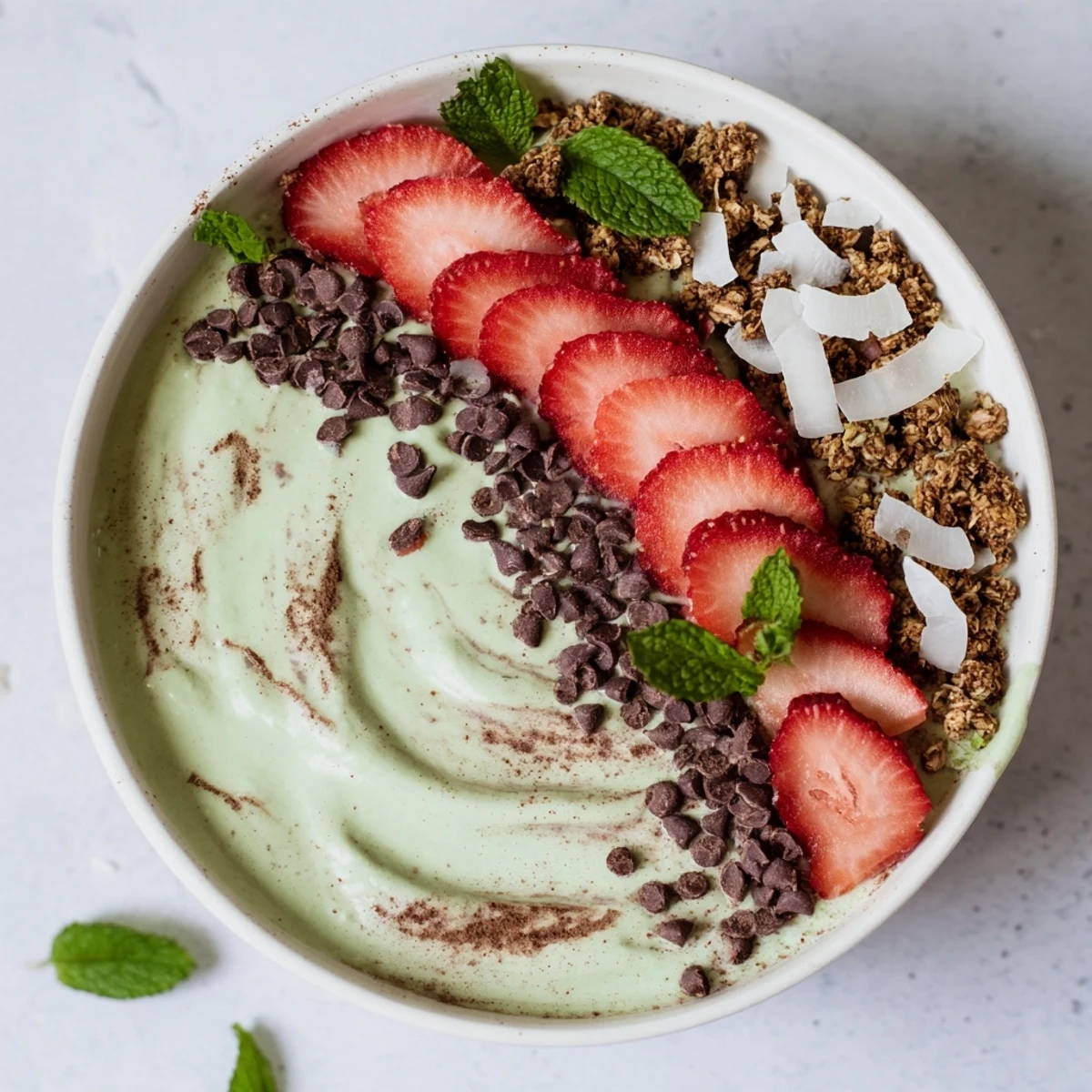 This Emerald Isle Mint Chocolate Smoothie Bowl reveals a thick, creamy texture with minty green base and scattered crunchy granola toppings for breakfast.