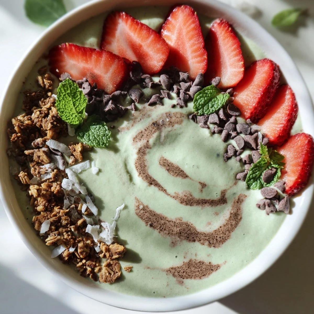 A nourishing Emerald Isle Mint Chocolate Smoothie Bowl in a white bowl, garnished with fresh mint and shredded coconut, ready to serve chilled.