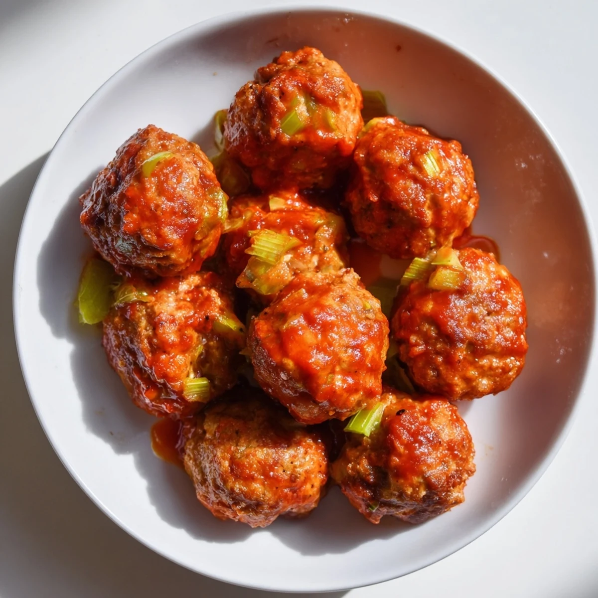Platter of baked Touchdown Buffalo Chicken Meatballs drizzled with buttery buffalo sauce and a side of creamy ranch dip. 