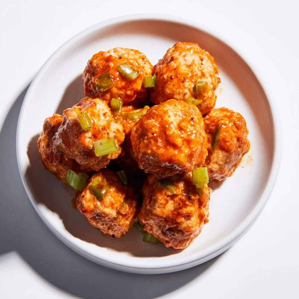 Freshly baked Touchdown Buffalo Chicken Meatballs tossed in zesty buffalo sauce, garnished with green onions and blue cheese crumbles.