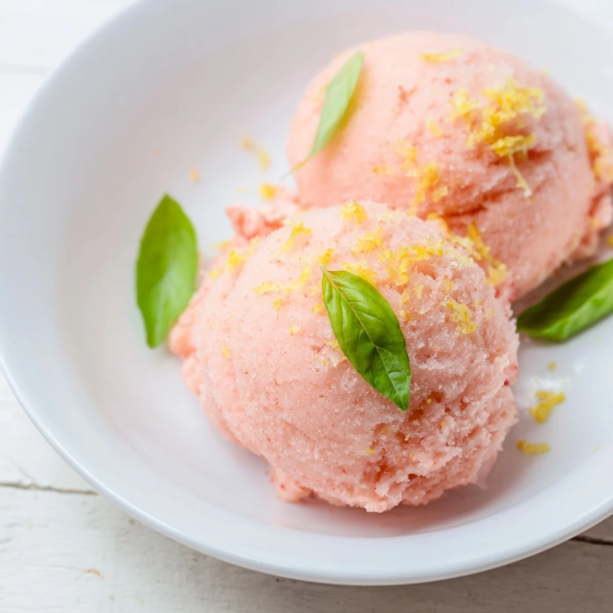 Bright pink grapefruit sorbet with basil in a glass bowl, showing a vibrant, icy texture and fresh green herb garnish.