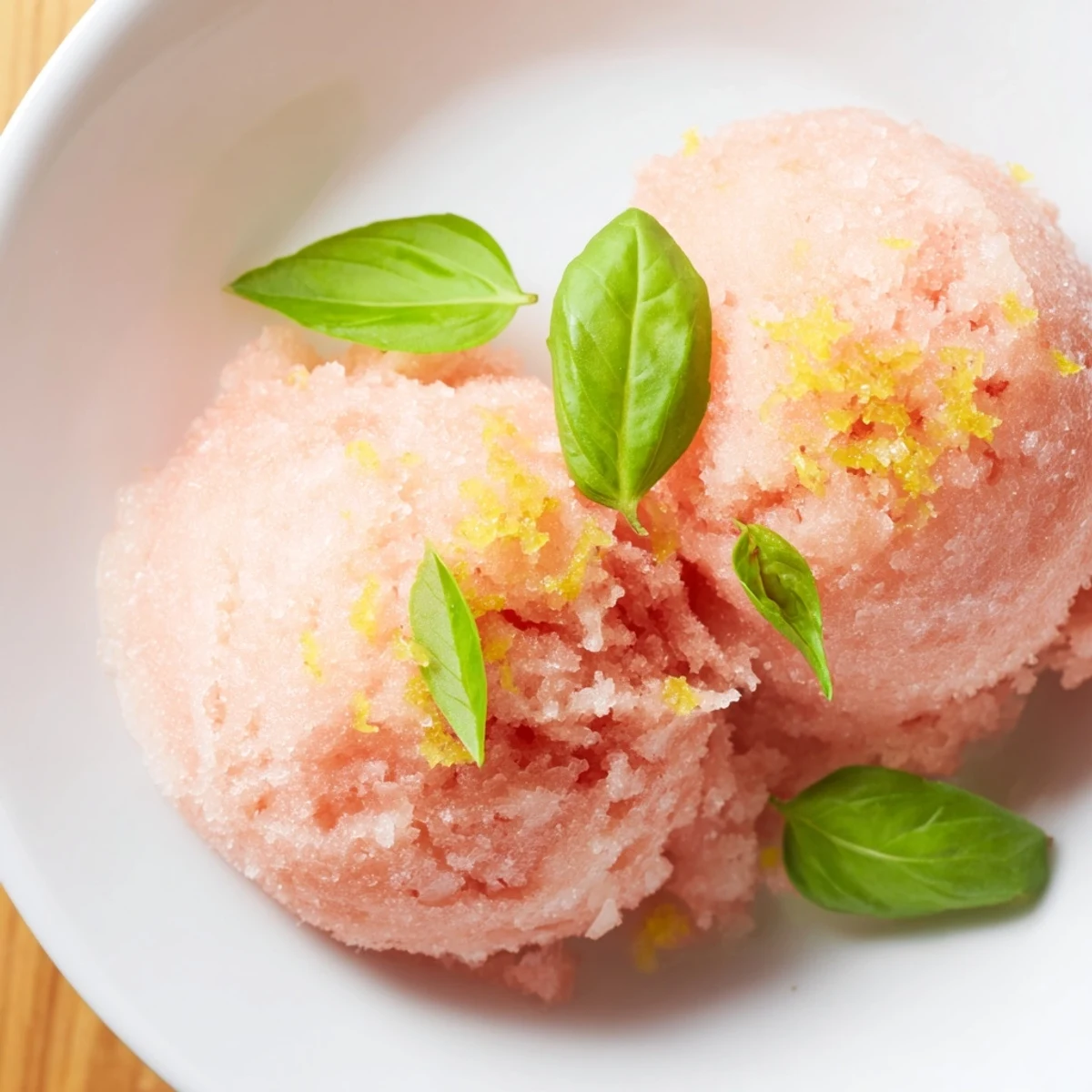 Homemade pink grapefruit sorbet with basil prepared in an ice cream maker, highlighting a bright pink hue and aromatic green leaves.