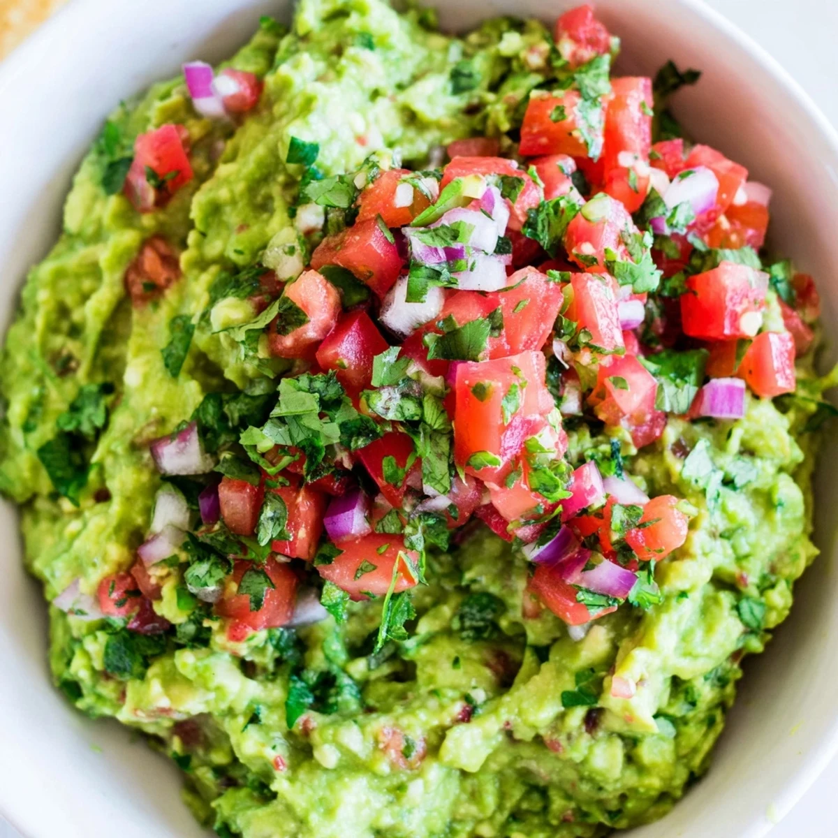 A vibrant bowl of Super Bowl Guacamole with Pico de Gallo, topped with fresh diced tomatoes and onions, served with crispy tortilla chips.