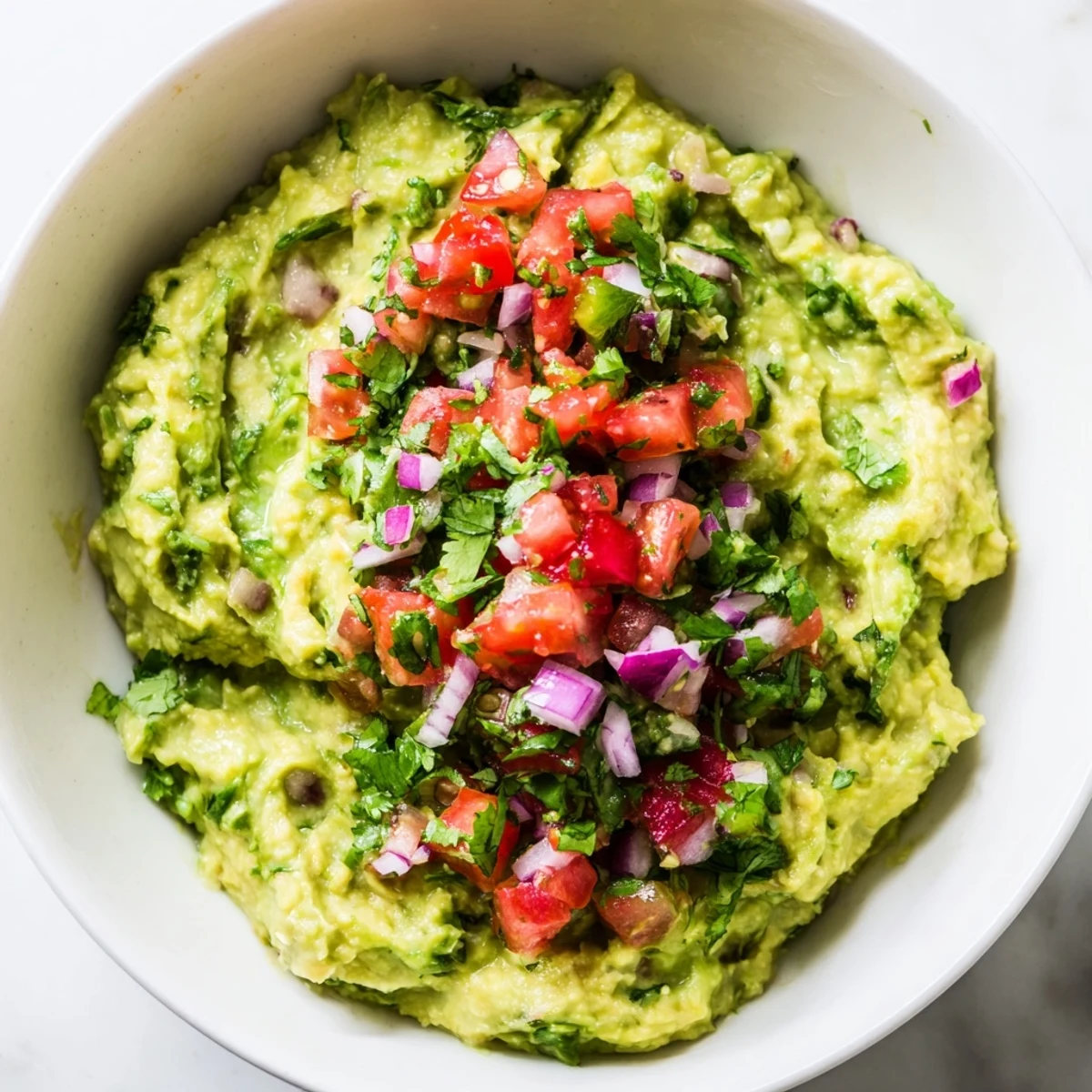 Creamy, lime-infused Super Bowl Guacamole with Pico de Gallo, garnished with cilantro and jalapeño, perfect for a game day snack platter.