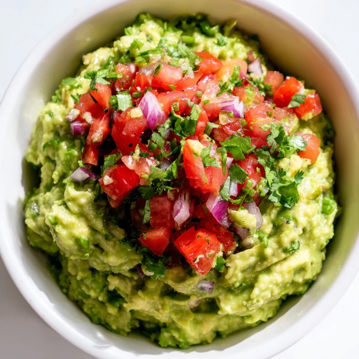 A close-up of Super Bowl Guacamole with Pico de Gallo, featuring chunky avocado texture and fresh pico, paired with crunchy chips.