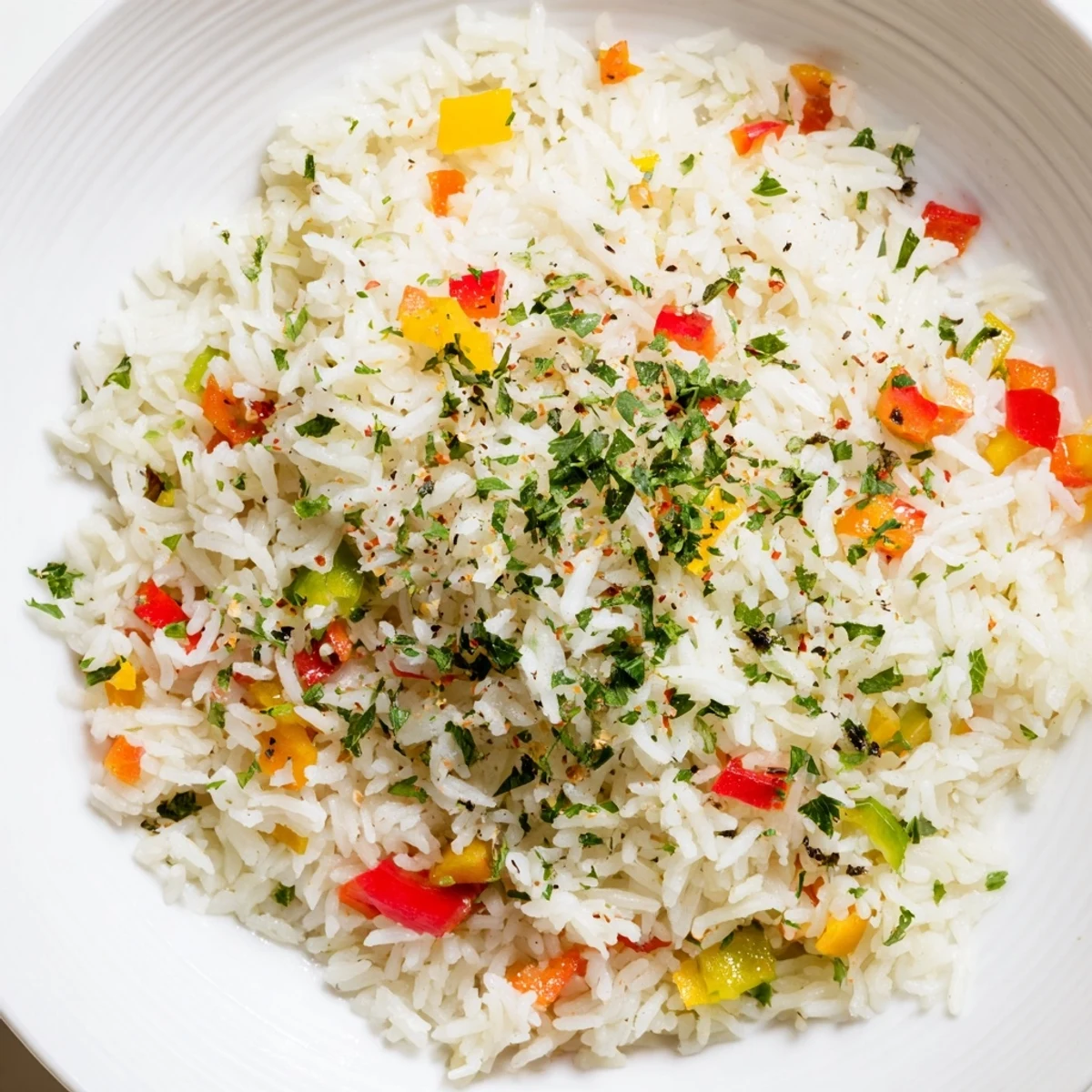 Bright red and green bell peppers mingle with fluffy white rice in this Creole Rice Pilaf, garnished with fresh parsley.