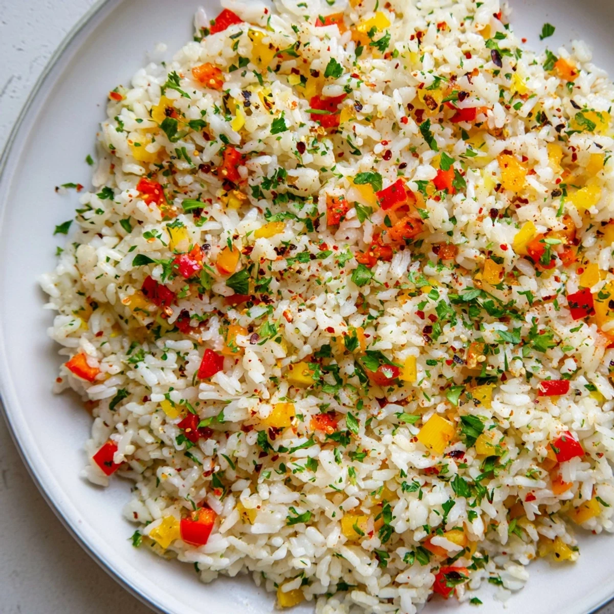 Golden fork-tender Creole Rice Pilaf featuring colorful bell peppers and onions, ready to serve as a side dish.
