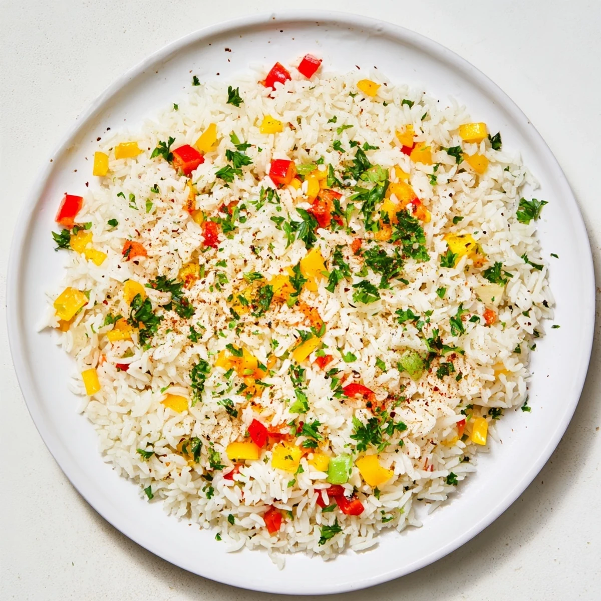 A close-up of Creole Rice Pilaf with sautéed peppers and onions, served in a rustic white bowl.
