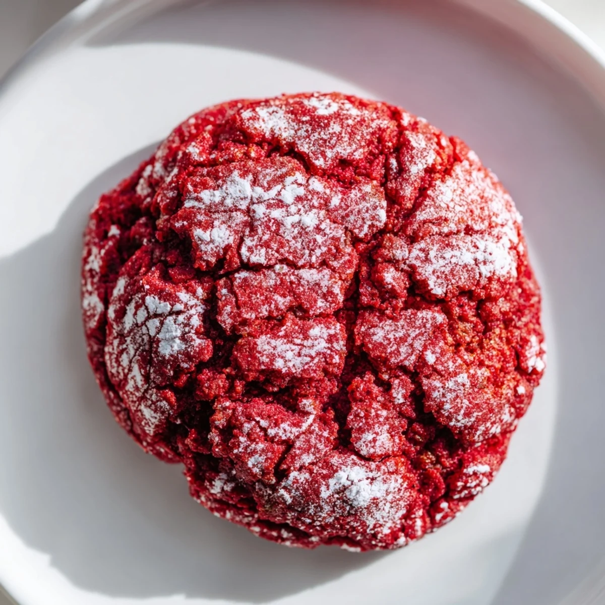 Freshly baked Red Velvet Crinkle Cookies with crackled powdered sugar tops, revealing a soft and chewy red interior.